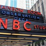 NEW YORK, USA - SEPTEMBER 3TH 2019: NBC Studios sign, Rockefeller Center in midtown Manhattan. Known as the world headquarters for NBC News, the Saturday Night Live studios and the Rainbow Room.
