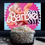 Cali, Colombia - June 6, 2023: "Barbie" movie on tv screen behind a bowl of popcorn and a remote control.